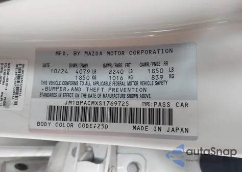 2025 Mazda Mazda3 из США, поврежденный, VIN JM1BPACMXS1769725